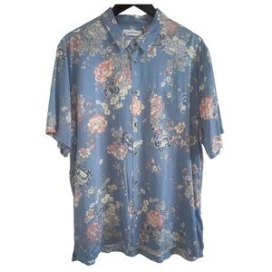 URBAN OUTFITTERS Men’s Light Blue Floral Short-Sleeve Button-Up Shirt | XL